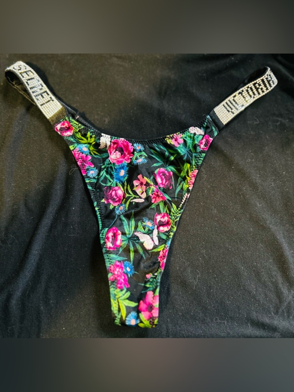 NWOT Victoria's Secret Black Floral Bikini Thong with Pink & Green Accents Small